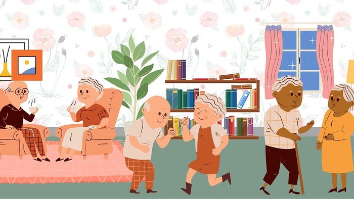 Eine gemütliche Wohnzimmerszene mit mehreren Personen, die verschiedene Aktivitäten genießen.