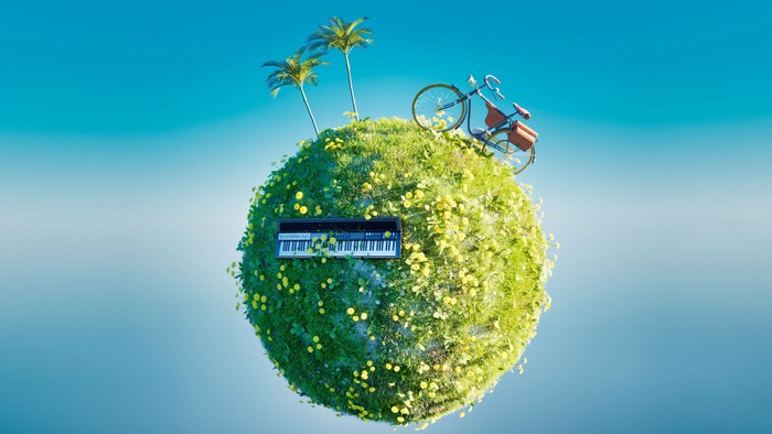 Illustration
Grüner Globus, Keyboard, Fahrrad