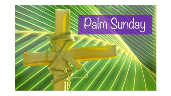 Cross made of palm leaves with text "Palm Sunday"