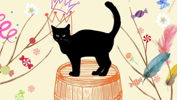 Farverigt plakat, der annoncerer børnegudstjeneste den 15. februar med kat, tønde og festlige dekorationer.