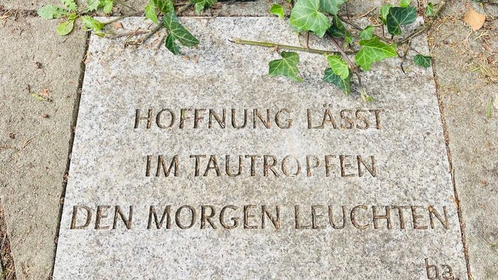 Steinplatte mit eingravierter Inschrift und Pflanzen drumherum