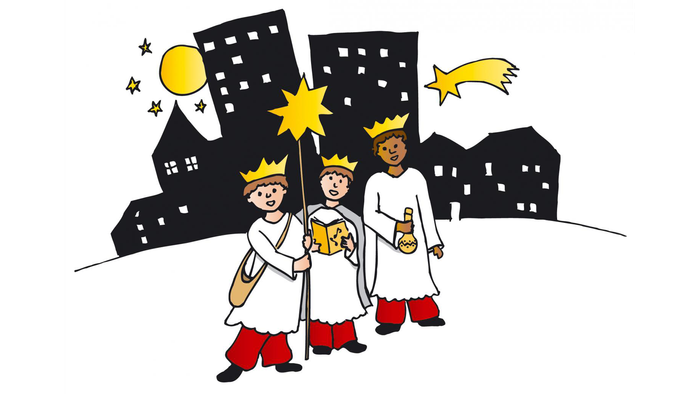 Drei Könige mit Sternen und Stadt im Hintergrund