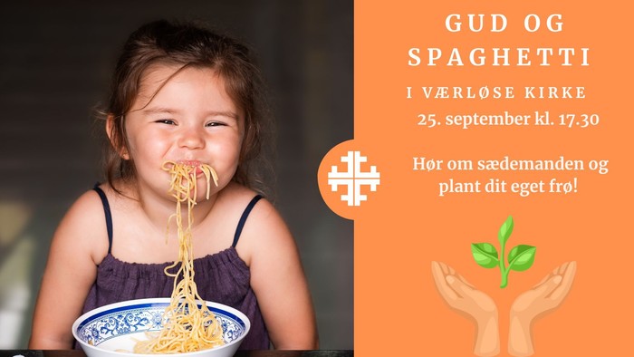 Lille pige spiser spaghetti på arrangement i Verlose Kirke