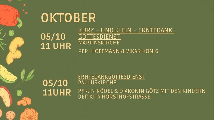 Flyer Erntedank Gottesdienste in der Matinskirche, Pauluskirche und Gnadenkirche