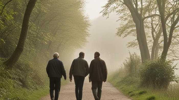 Tre mænd går i skoven på en mudret sti.