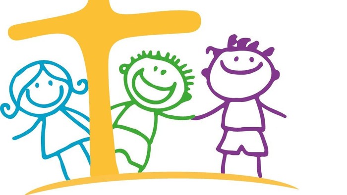 Drei Kinder stehen vor einem gelben Kreuz, darunter steht