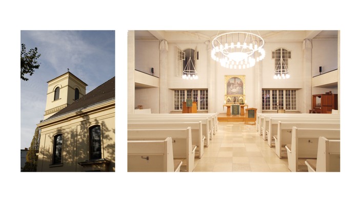 Links: Kirche von außen, rechts: Kircheninneres mit Kronleuchter und Bänken