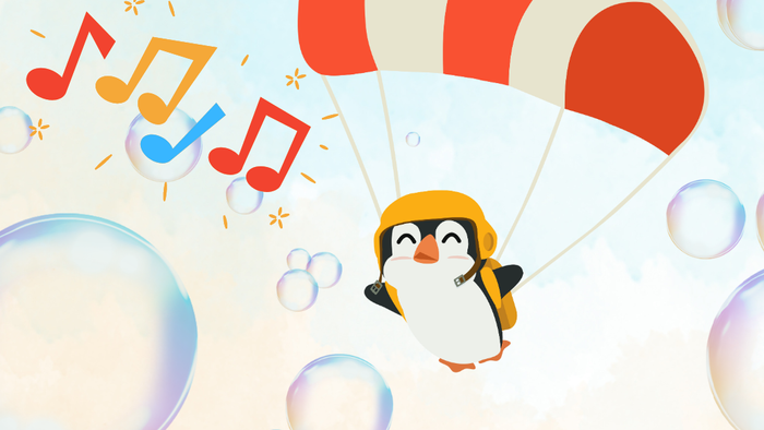 En pinguin surfer rider boblebølger med en redningskølle.