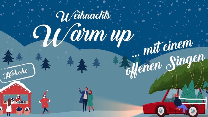 Weihnachtsfeier mit warmem Punsch und fröhlichen Menschen, die einen Weihnachtsbaum holen