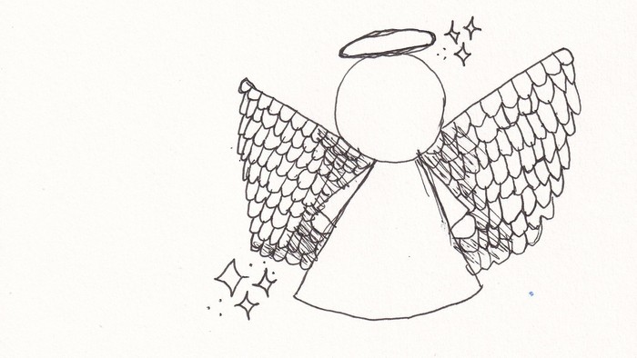 Zeichnung eines Engels mit Flügeln und Heiligenschein.