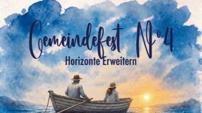 Plakat für ein Gemeindefest mit einer Bootsfahrt bei Sonnenuntergang mit einem Wal, das am 12. Juli 2026 „Horizonte Erweitern“ feiert.