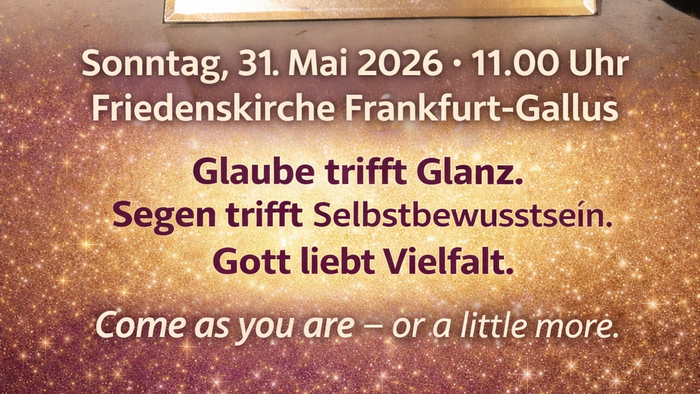 Einladungsplakat für einen „Glitter & Grace“-Drag-Gottesdienst mit einer festlichen, inklusiven Botschaft und Veranstaltungsdetails.