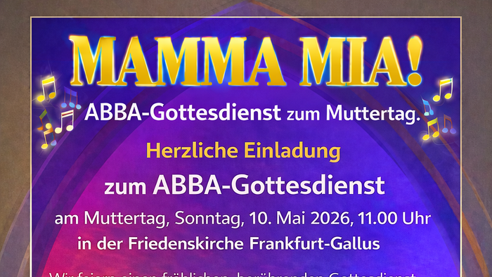 Einladungsplakat für einen ABBA-thematischen Muttertags-Gottesdienst mit musikalischen Liedern und Veranstaltungsdetails.