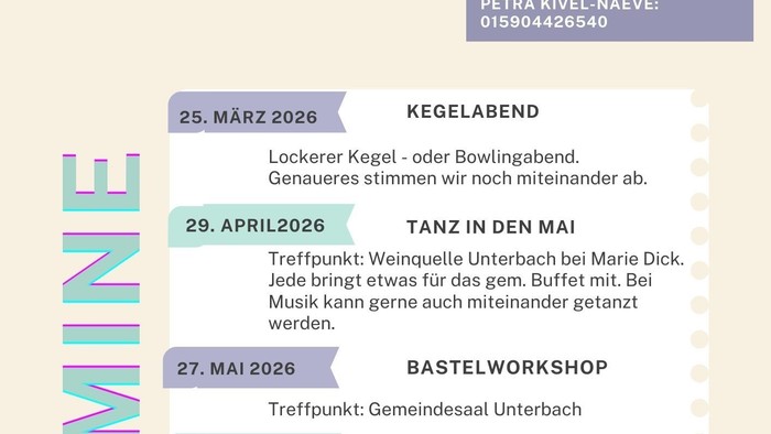 Ein Veranstaltungsflyer mit verschiedenen monatlichen sozialen Treffen und Aktivitäten für die evangelische Kirchengemeinde in Erkrath.
