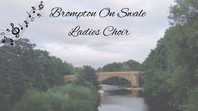 Bridge over river, surrounded by trees, with text "Brompton On Swale Ladies Choir"