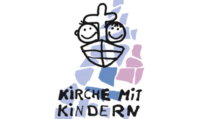 Das Bild zeigt ein Cartoon-Gesicht mit großen Augen und einem breiten Lächeln, umgeben von bunten Formen und dem Text "KIRCHE MIT KINDERN".