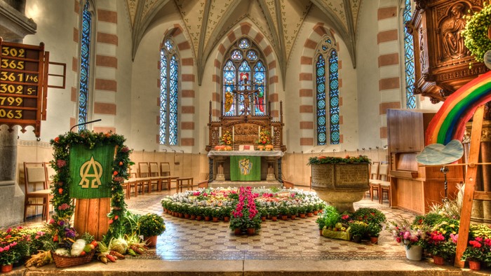 Blick auf den zu Erntedank reich geschmückten Altarraum der Briesnitzer Kirche