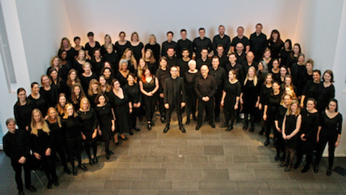 Ein großer Chor posiert für ein Gruppenfoto in einem Raum