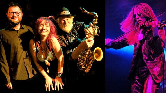 Links: Drei Musiker posieren mit Instrumenten. Rechts: Eine Frau spielt energisch Geige auf der Bühne.