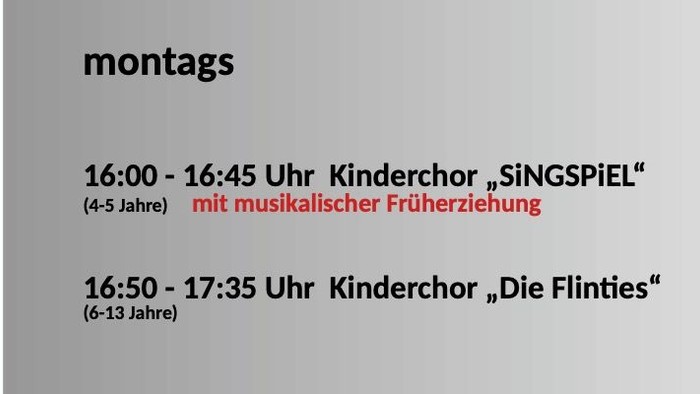 Plakat zum Probenplan des Kinderchors der Ev.-Luth. Kirchengemeinde Flintbek mit zwei Montagsterminen für verschiedene Altersgruppen.