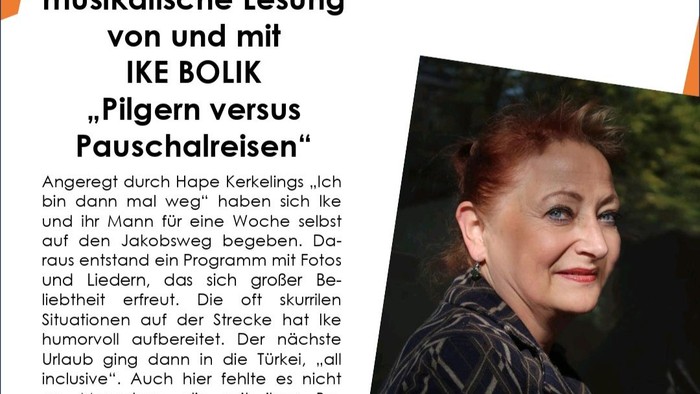 Plakat für eine musikalische Lesung von Ike Bolik mit dem Titel *„Pilgern versus Pauschalreisen“* am 1. Juli 2026.