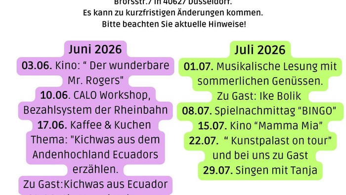 Ein Gemeinschaftsveranstaltungskalender für „Aktiv-Treff 65+“ mit verschiedenen Aktivitäten, Workshops und Gastauftritten im Juni, Juli und August 2026.