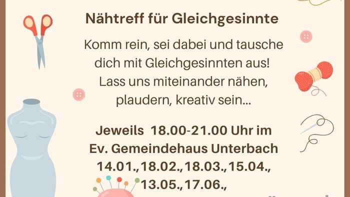 Einladung zum Näh-Treffen für Gleichgesinnte mit Terminen, Uhrzeiten und Ort in Unterbach.