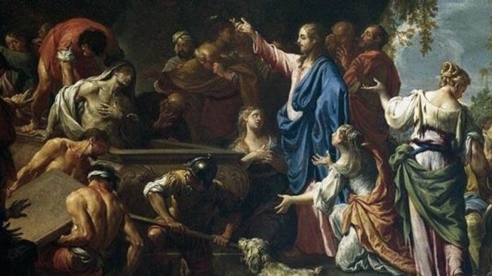 Billedet viser en religiøs scene med flere figurer i historiske klæder.