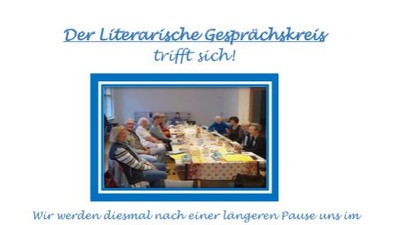 Ankündigung des literarischen Diskussionskreises mit Buchtiteln und Veranstaltungsdetails auf Deutsch.