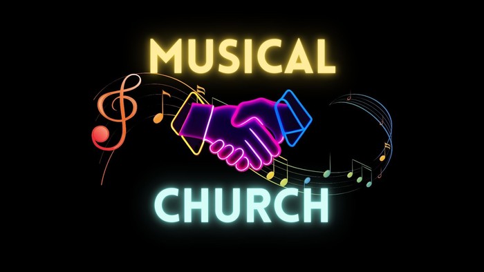 Leuchtende Neon-Schriftzug zeigt "Musical Church" mit Musiknoten und Händeschütteln