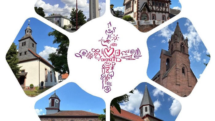 Collage verschiedener Kirchengebäude mit einem zentralen Kreuzmotiv