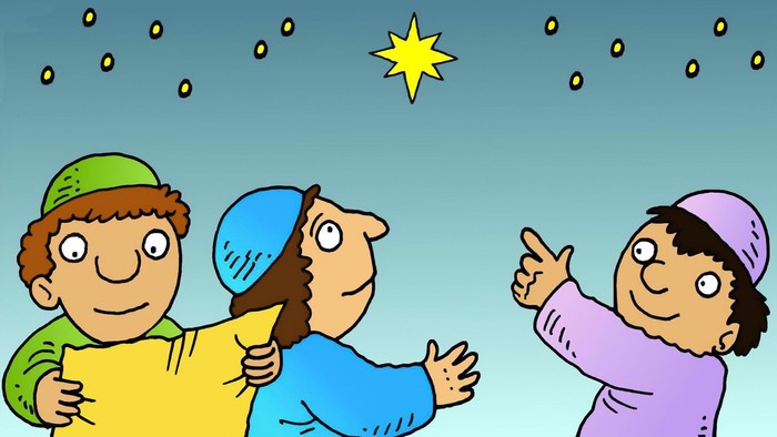 Drei Kinder schauen staunend in den sternenklaren Himmel