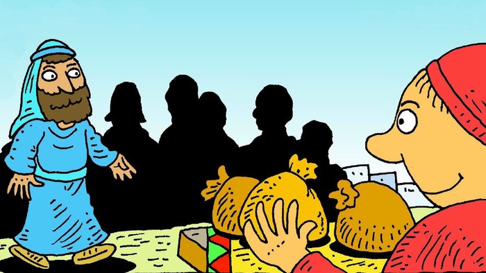 Ein bärtiger Mann in blauer Robe steht vor einer Gruppe von Menschen, während ein Mann mit rotem Hut und gelber Figur spricht