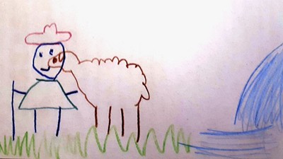 Ein Mädchen mit Schürze und Hut steht neben einer Wolke und einem Fluss.