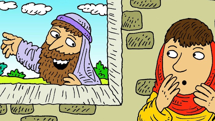 Eine bunte Zeichnung zeigt einen Mann, der fröhlich aus einem Fenster gestikuliert, während eine andere Person daneben überrascht reagiert.