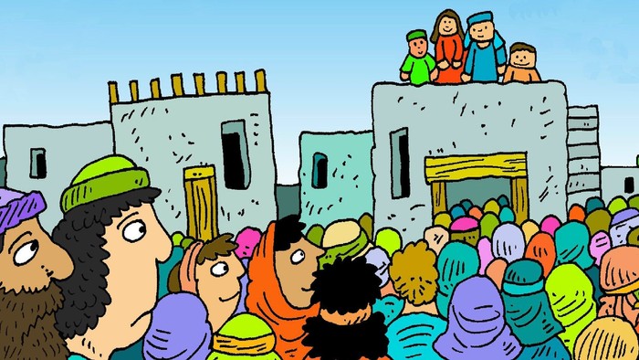 Eine bunte Zeichnung zeigt eine große Menschenmenge in einer Stadt, die zu vier Personen auf einem Dach hinaufschaut.