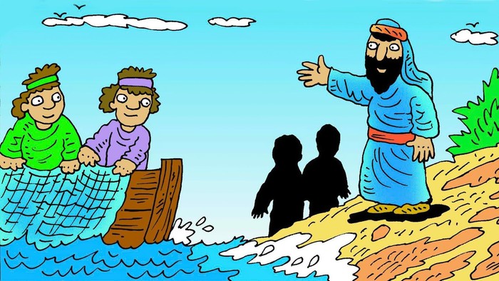Eine bunte Zeichnung zeigt Jesus am Ufer, wie er zwei Fischer in einem Boot mit Netz dazu auffordert, ihm zu folgen.