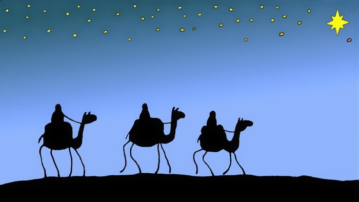 Drei Menschen auf Kamelen folgen dem Stern von Bethlehem