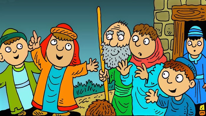 Hirten freuen sich an der Krippe