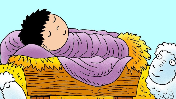 Ein schlafendes Kind liegt in einem Heubett, umgeben von zwei Schafen.