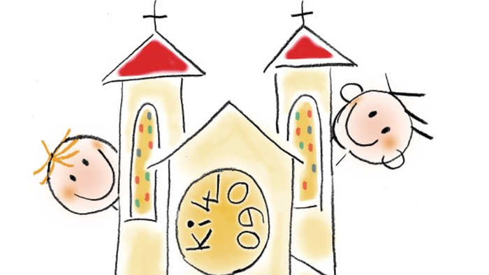 Zwei Kinder stehen vor einem Gebäude mit einer Uhr, die 4:09 Uhr anzeigt.