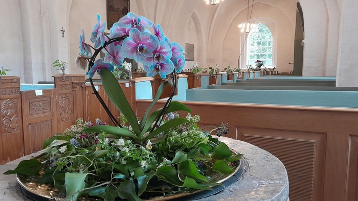 En blomsterarrangement med blå og rosa orchideer i en kirke
