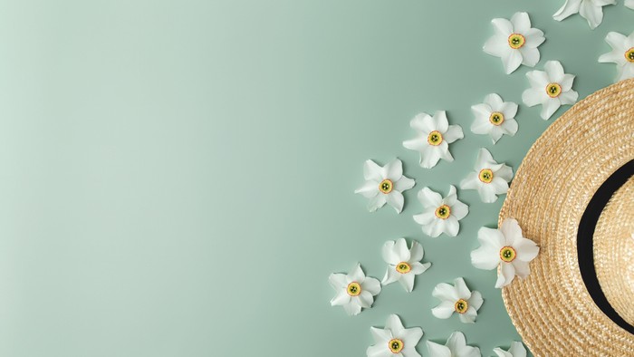 En strohat og hvide blomster på en blå baggrund