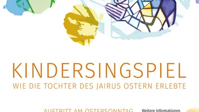 Oster-Kinderstück-Plakat, das Kinder einlädt, die Auferstehungsgeschichte von Jairus' Tochter am Ostersonntag in der Markus-Kirche zu erleben.