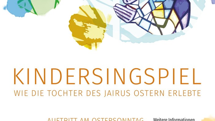 Oster-Kinderstück-Plakat, das Kinder einlädt, die Auferstehungsgeschichte von Jairus' Tochter am Ostersonntag in der Markus-Kirche zu erleben.