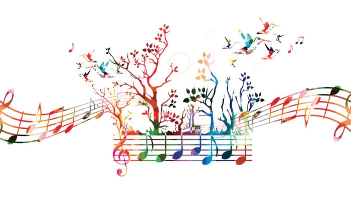 Lebendige Musiknoten verflechten sich mit farbenfrohen Vögeln und blumigen Zweigen zu einer lebhaften, künstlerischen Komposition.