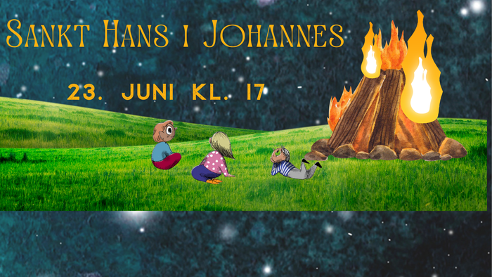 Illustreret arrangementsplakat til Sankt Hans i Johannes med bålscene og stjerneklar nattehimmel.
