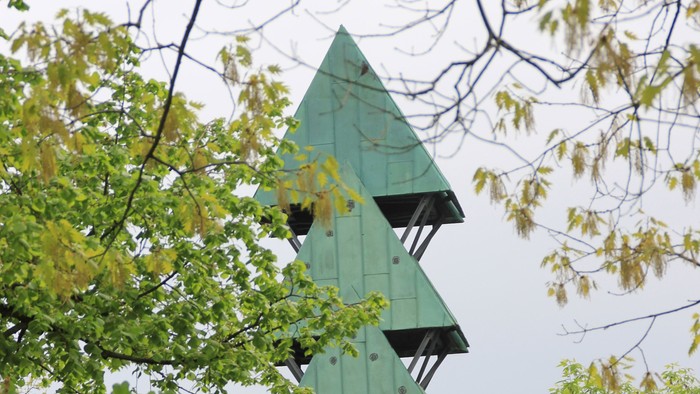 Grüne Turm hinter lila Blumen und Bäumen