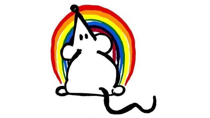 Ein weißes Einhorn mit Horn sitzt an einem Regenbogen