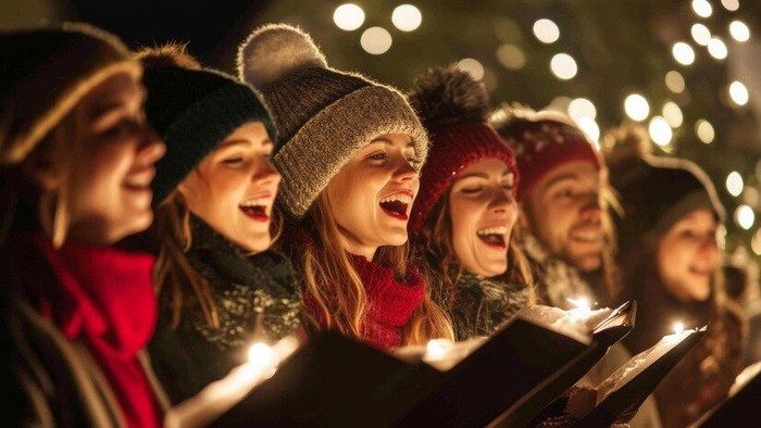 Eine Gruppe von Menschen singt Weihnachtslieder im Freien bei Kerzenlicht.